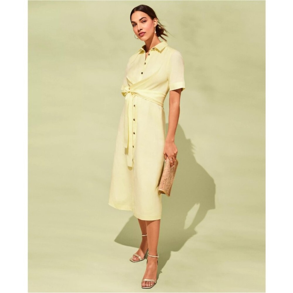 Ann Taylor Tie Waist Linen Blend Shirtdress Button Front Light Yellow butter 8
